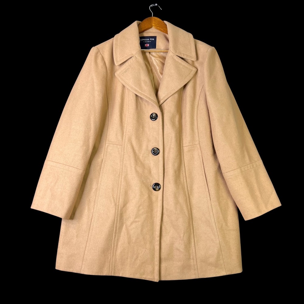 London Fog Womens XXL Tan Wool Button Up Pea Coat Mid Length Jacket Old Money